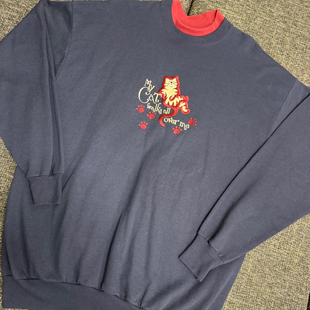 M&E Energy Sportswear Cat Sweatshirt Women 3X Navy Blue Excellent Vintage USA